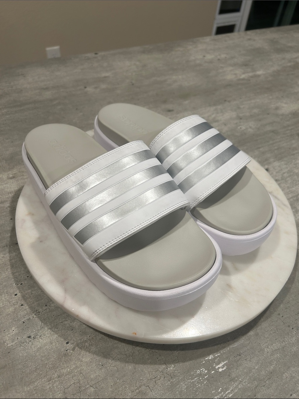 Adidas Adilette platform White Silver Striped Slide Sandals - Women Size 10